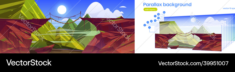 Parallax background suspended bridge in mountains Parallax background suspended bridge in mountains Vector Image