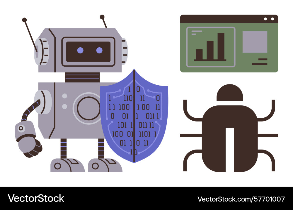 Roboter mit Schild und Analytik gegen Bug Roboter mit Schild und Analytik gegen Bug vektorbild
