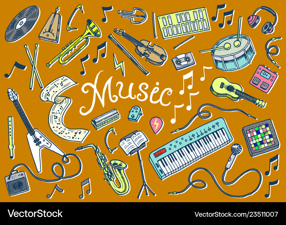 Set of musical symbols and icons guitar drums Set of musical symbols and icons guitar drums vector image