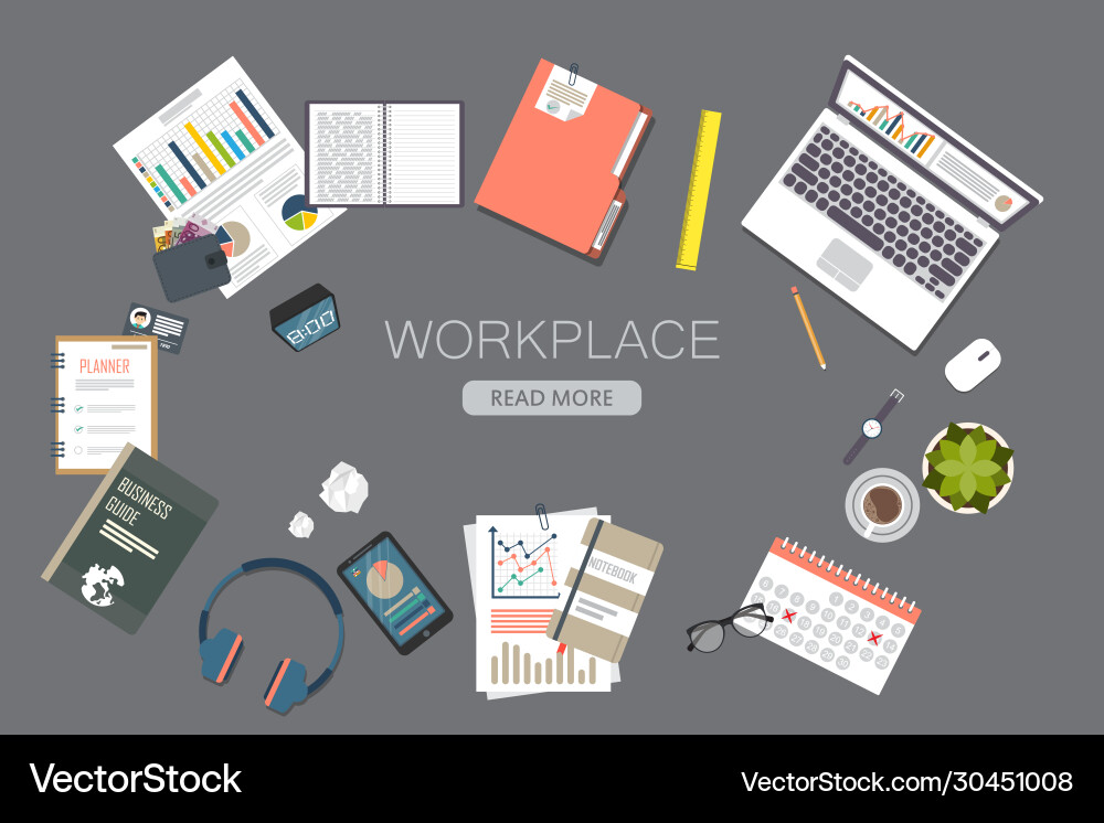 Business workspace top view office objects Business workspace top view office objects vector image