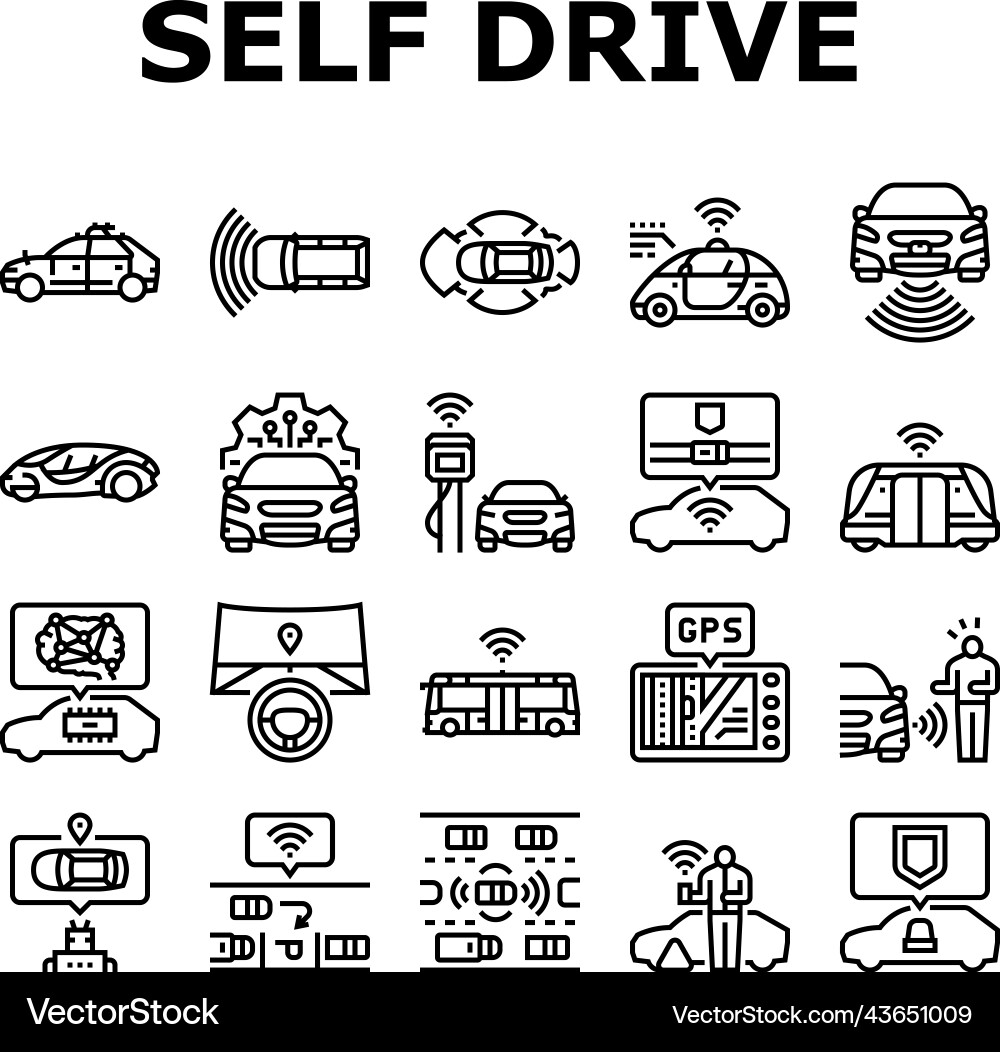 Car self vehicle drive smart auto icons set Car self vehicle drive smart auto icons set vector image