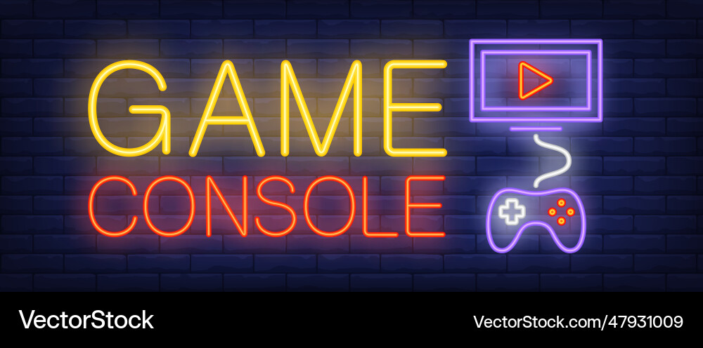 Game console neon text with joystick and monitor Game console neon text with joystick and monitor vector image