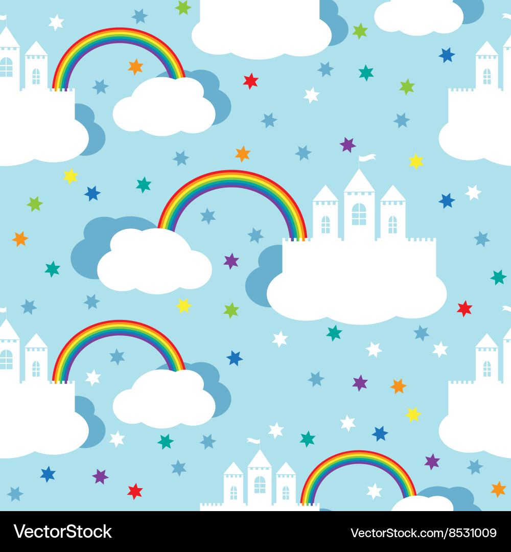 Seamless pattern with raindow castle and clouds vector image