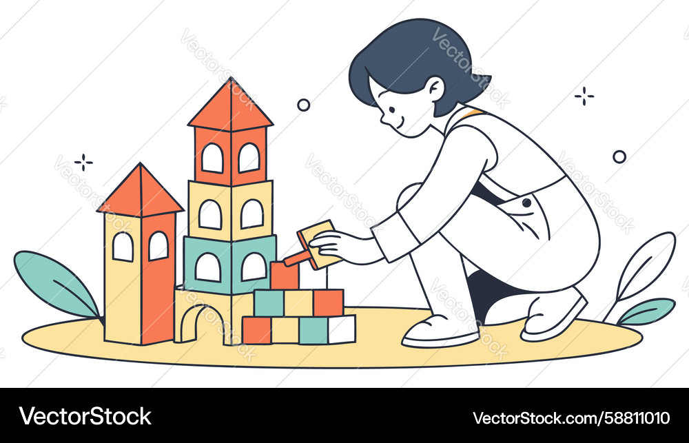 Child Building Tower with Blocks Vector Image