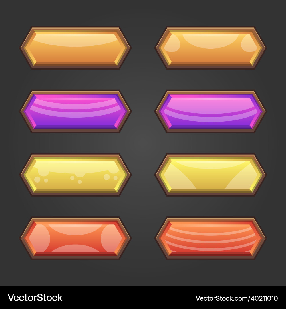 Gem game hexagon buttons with wood frame set Gem game hexagon buttons with wood frame set Vector Image