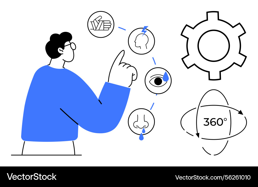 Man exploring five human senses with graphical Man exploring five human senses with graphical vector image
