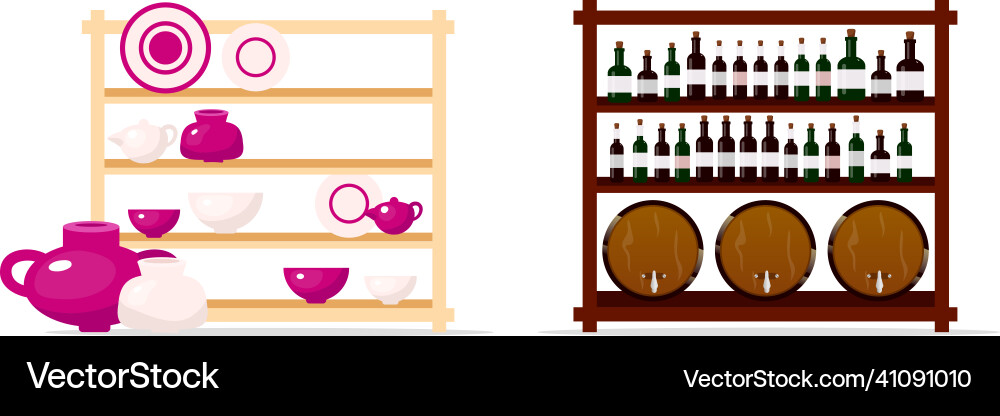 Pottery and wine display flat color objects set Pottery and wine display flat color objects set vector image
