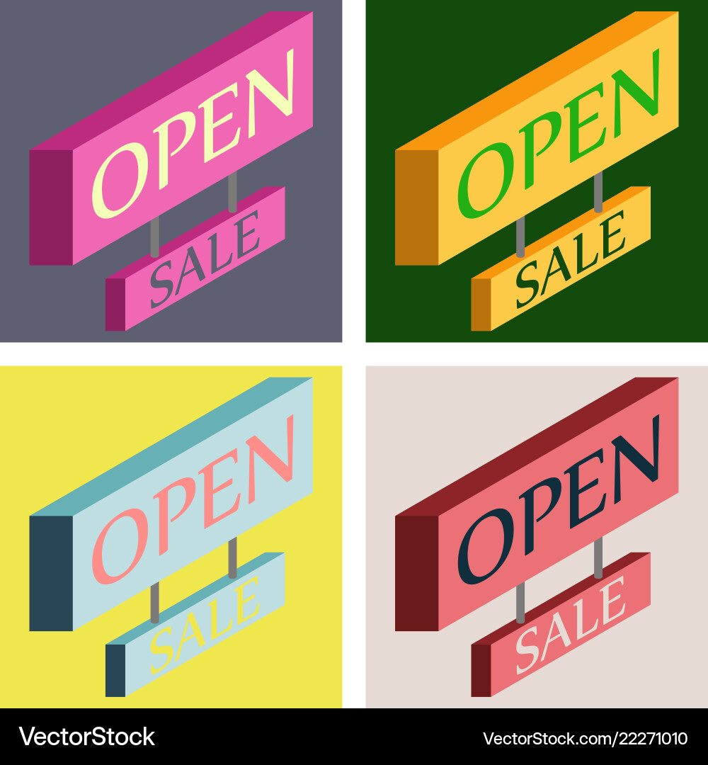 Set of open door sign label with text in flat Set of open door sign label with text in flat vector image