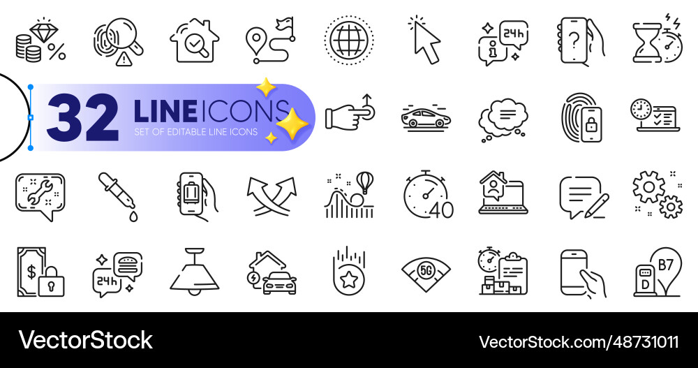 Outline set of baggage app car and timer line Outline set of baggage app car and timer line vector image