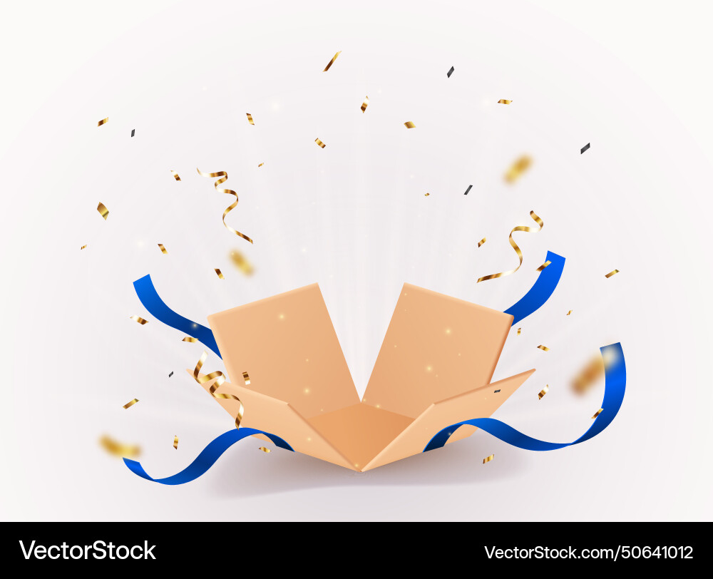 Open box with gold confetti and light effect Vector Image