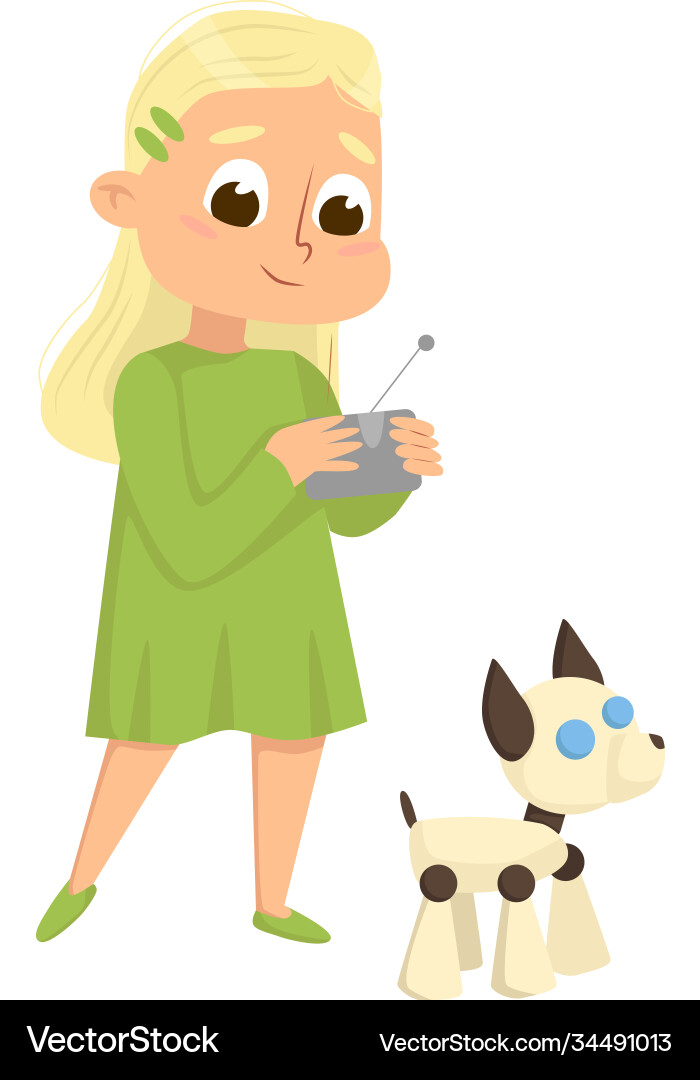 Cute girl creating and programming smart dog robot Cute girl creating and programming smart dog robot vector image