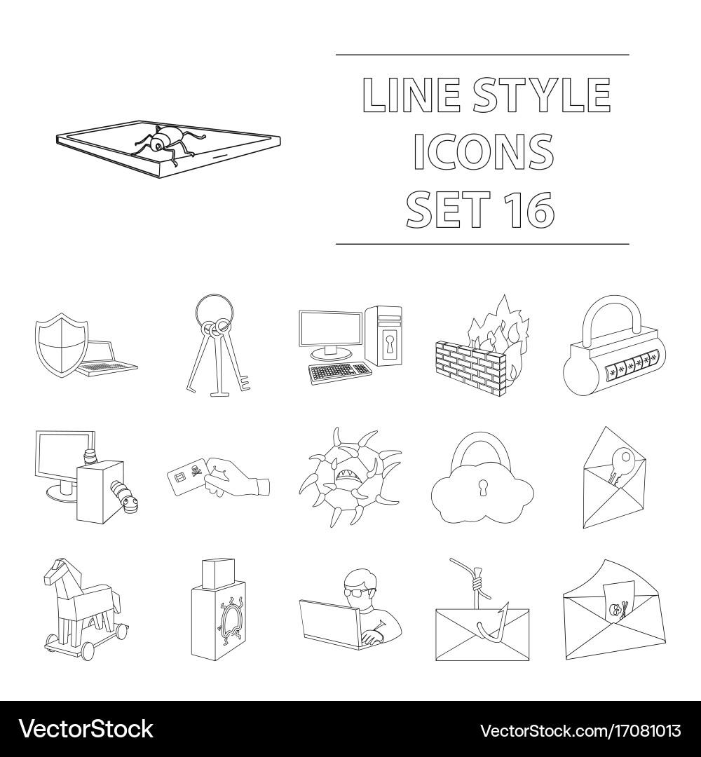 Hackers and hacking set icons in outline style vector image