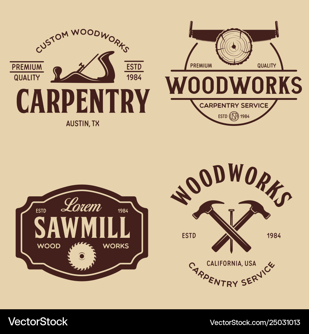 Woodwork badges set carpentry woodworkers Woodwork badges set carpentry woodworkers vector image