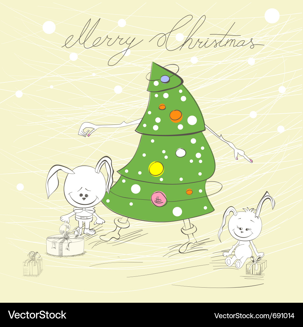 Christmas tree with two rabbit Vector Image