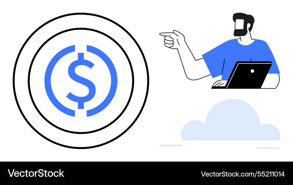 Man pointing at dollar coin and using laptop Man pointing at dollar coin and using laptop vector image
