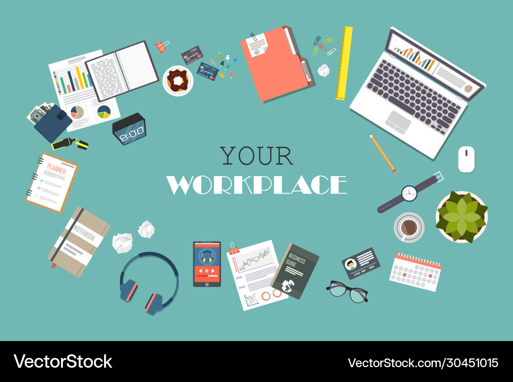 Business workspace top view office objects Business workspace top view office objects vector image