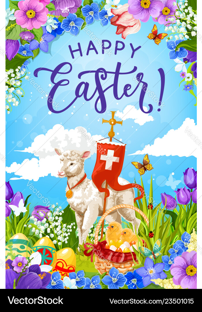 Easter eggs and chicks in basket with lamb of god vector image