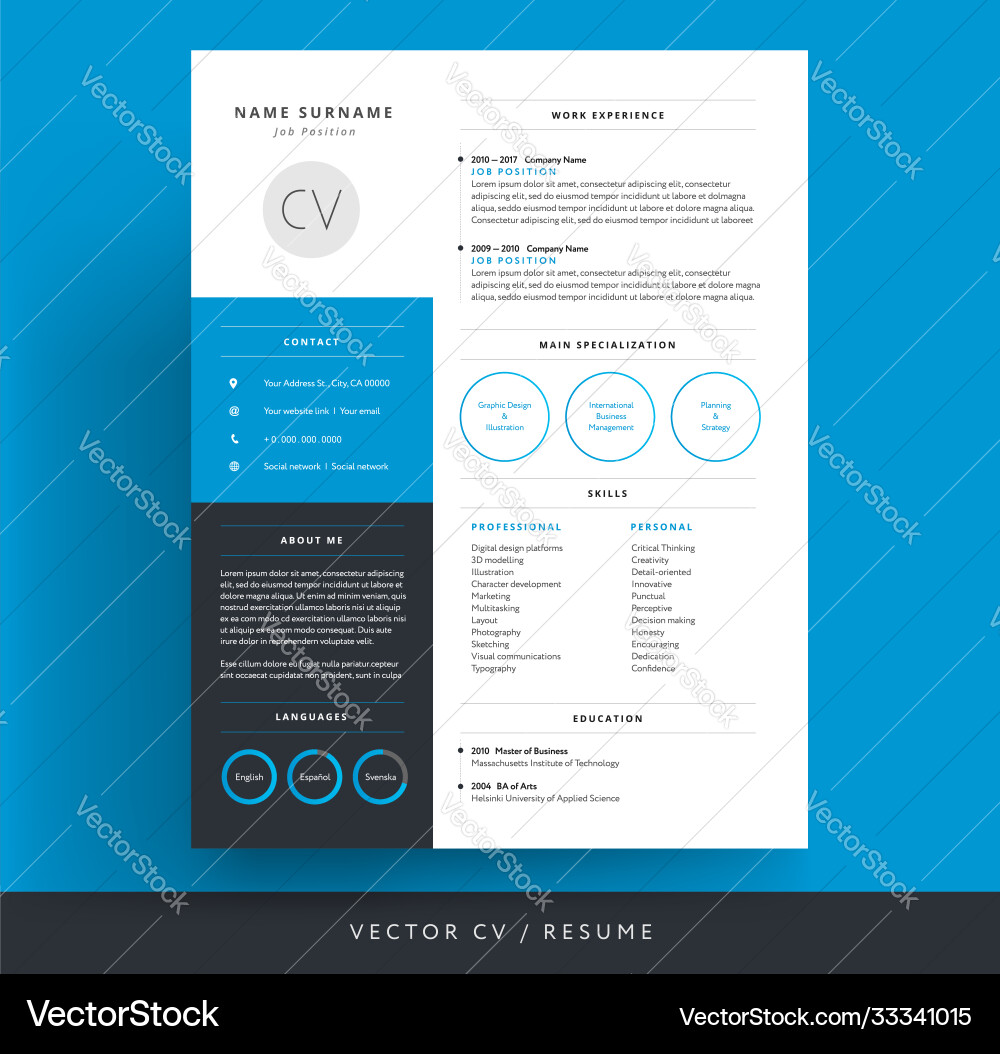 Professional cv resume template blue background vector image