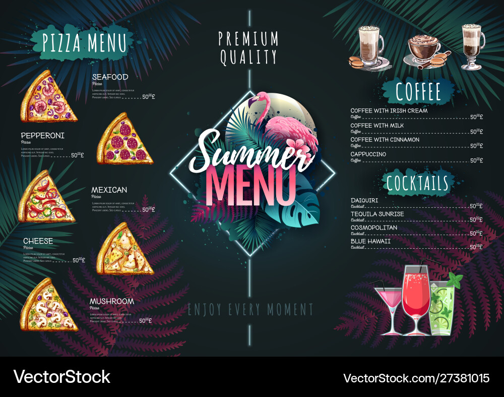 Sommer Menü Design mit Flamingo und Tropenblättern Vektorbild