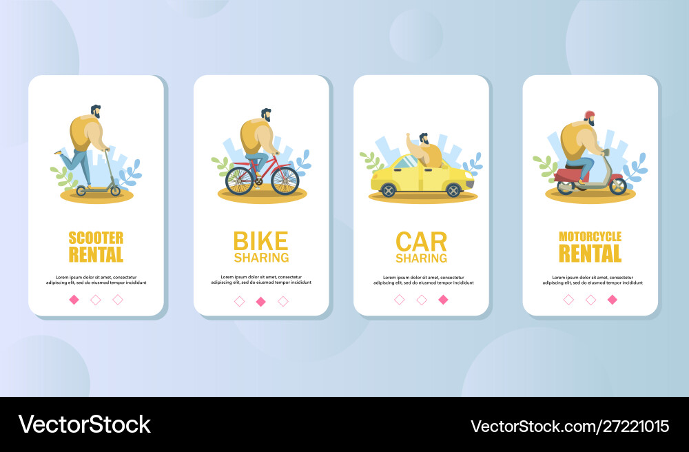 Transport rental mobile app onboarding screens Transport rental mobile app onboarding screens vector image