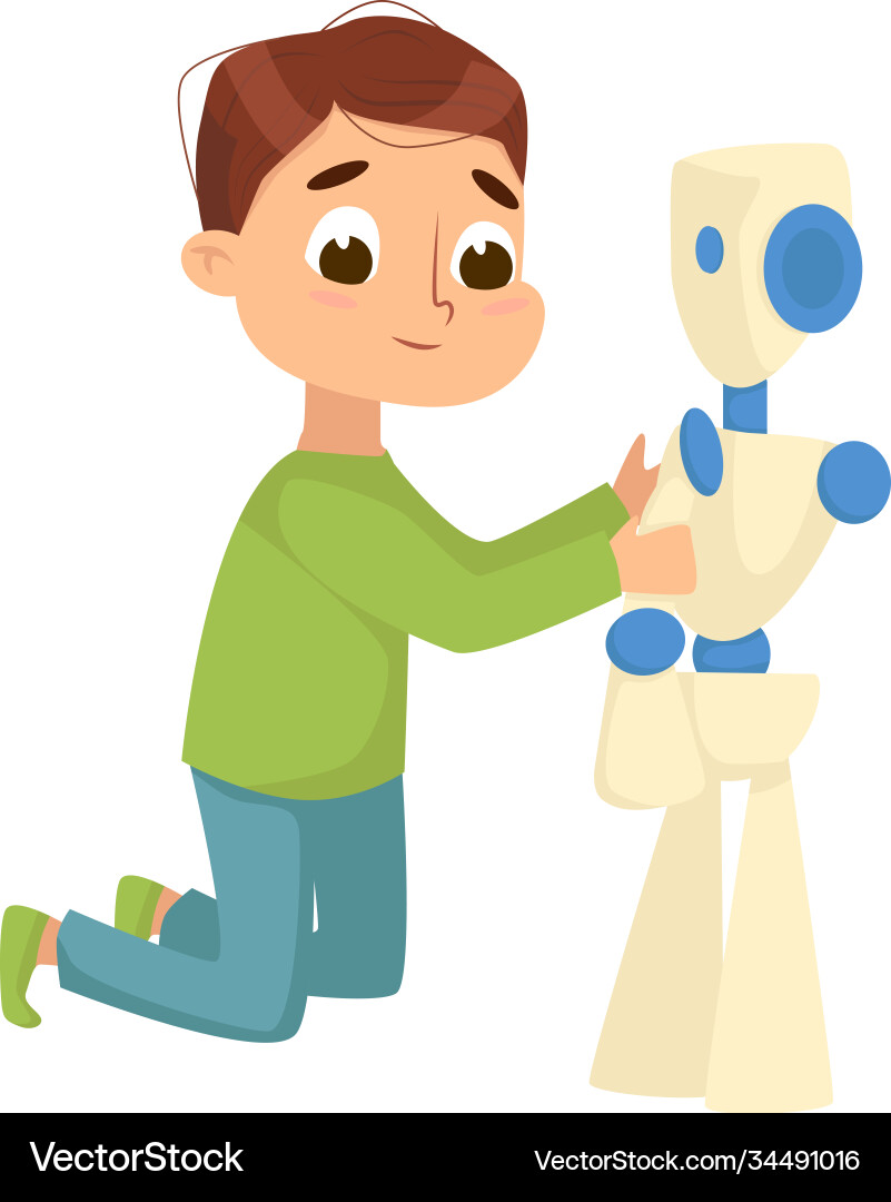 Cute boy creating and programming smart robot vector image