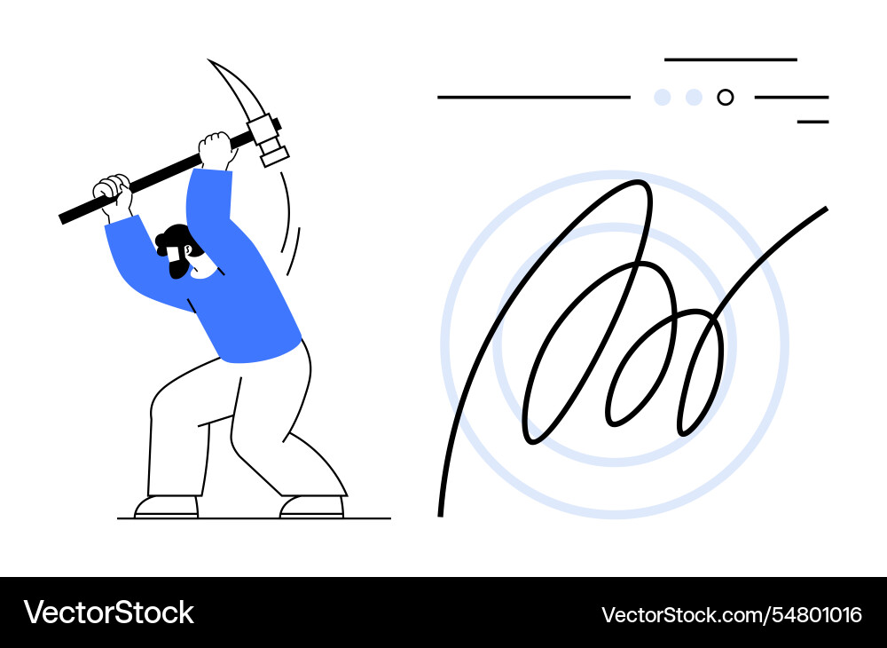 Miner with a pickaxe swinging towards scribble Miner with a pickaxe swinging towards scribble Vector Image