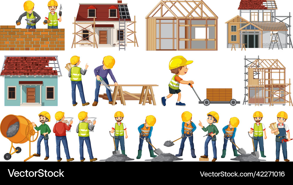 Set of construction site objects and workers vector image