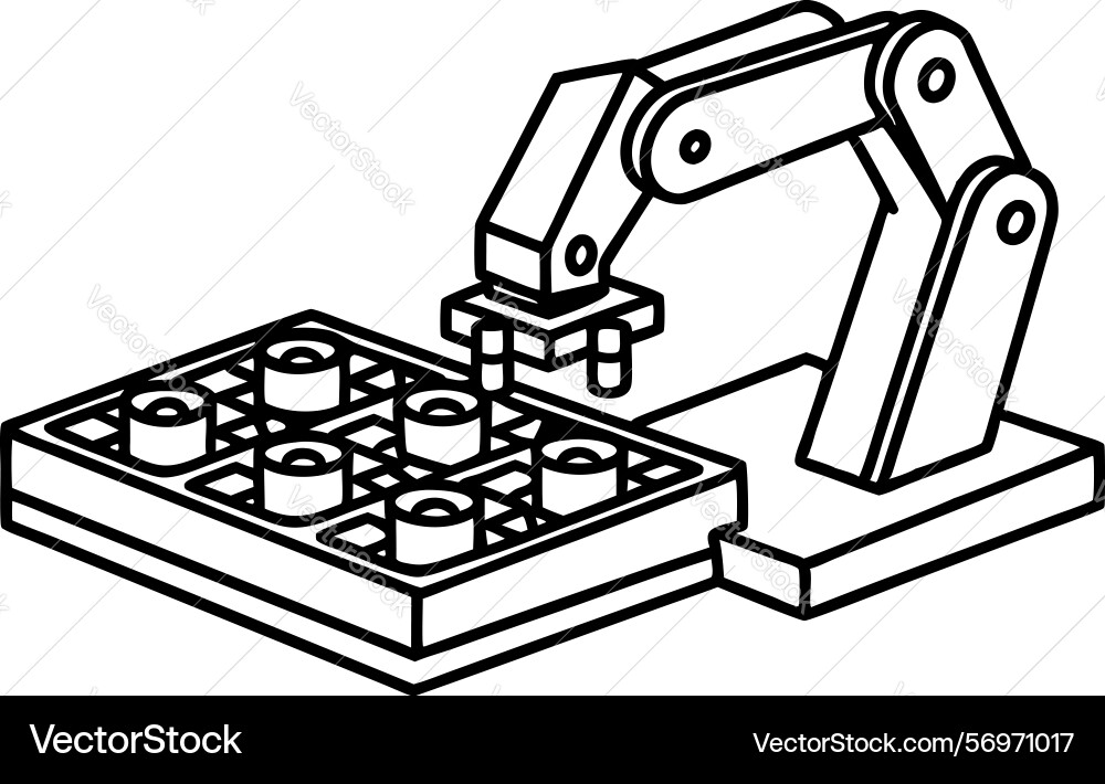 Robotic arm assembling components on grid Robotic arm assembling components on grid vector image