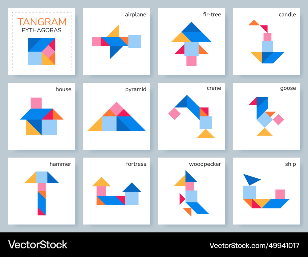 Tangram pythagoras Puzzle mit Objekten Tangram pythagoras Puzzle mit Objekten Vektorbild