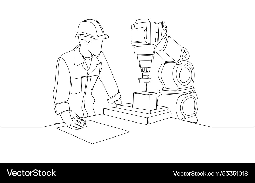 Engineer checking performance of lathe robot arm Engineer checking performance of lathe robot arm Vector Image