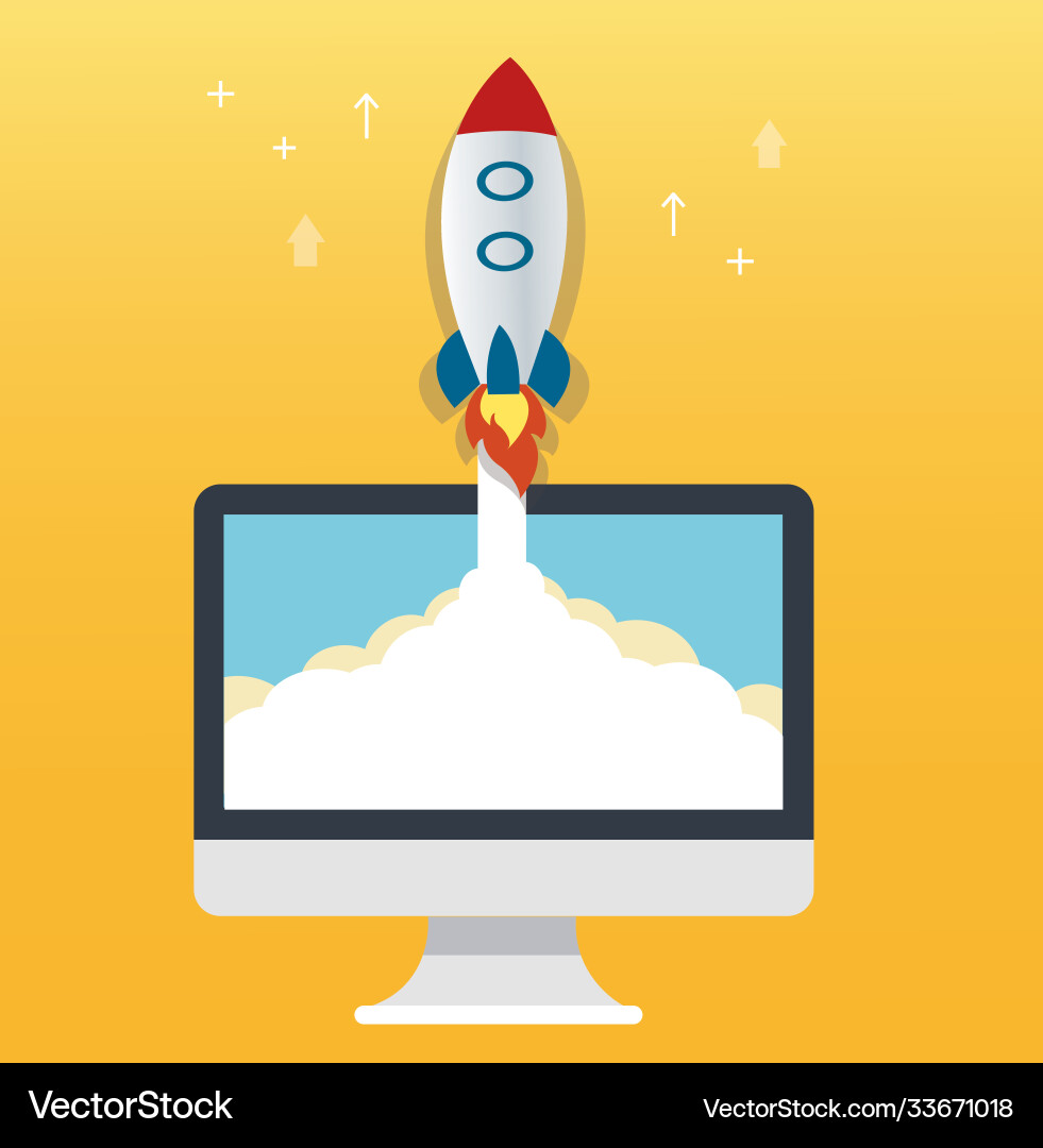 Rocket icon and computer yellow background Rocket icon and computer yellow background vector image