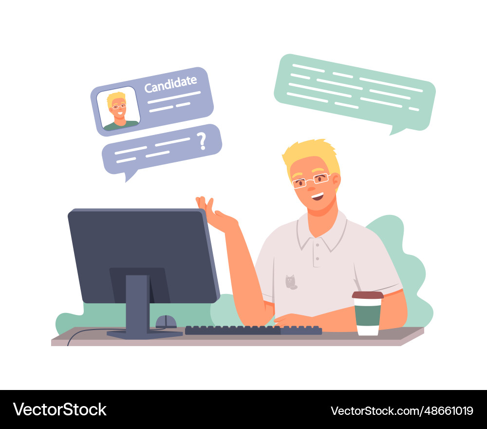 Man sitting at computer talking with hr about Man sitting at computer talking with hr about vector image