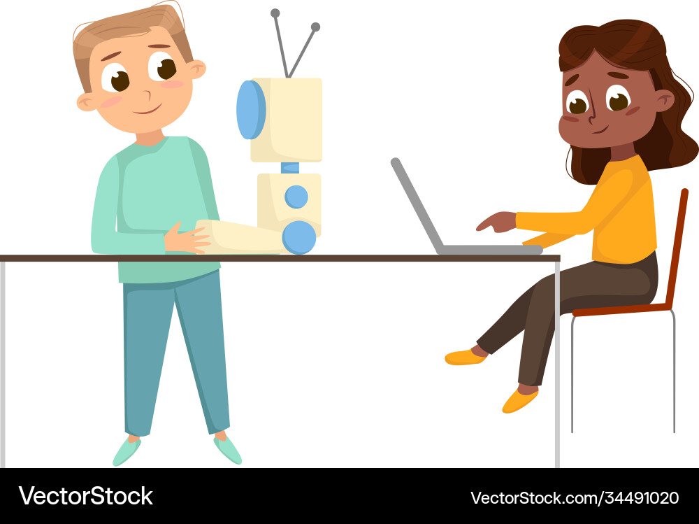 Cute girl and boy creating programming smart vector image