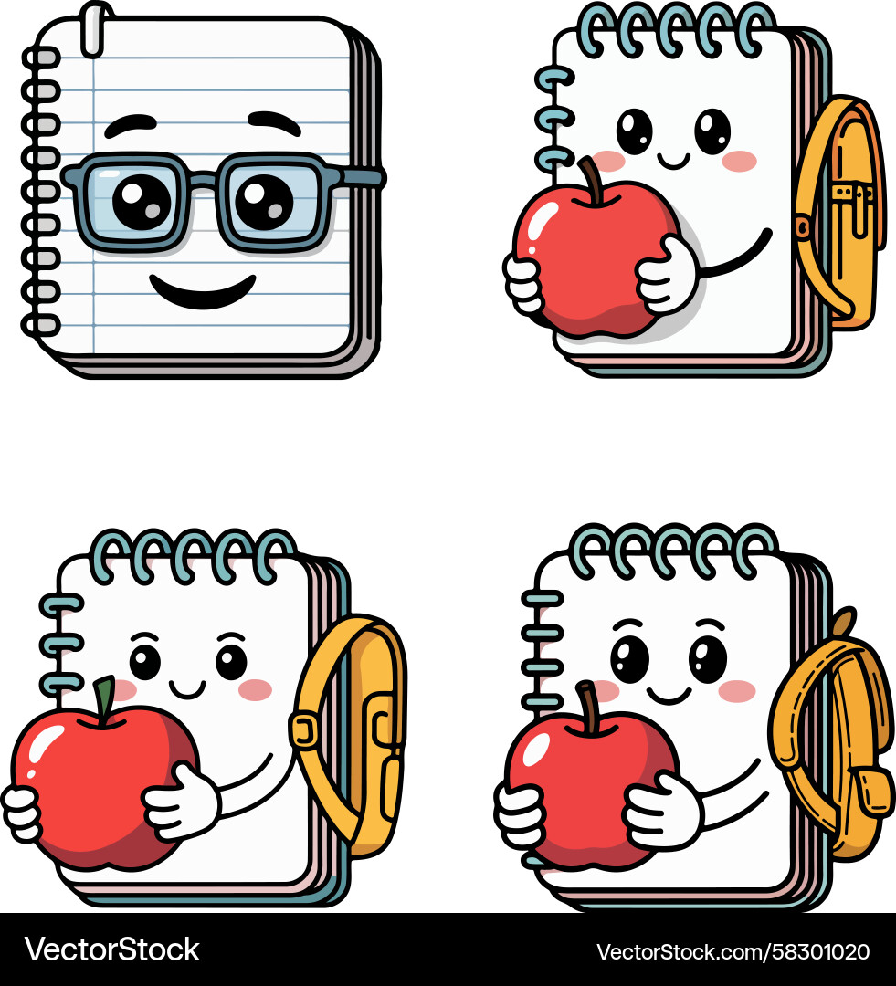 Kawaii Notebook Characters with Apples Vector Image