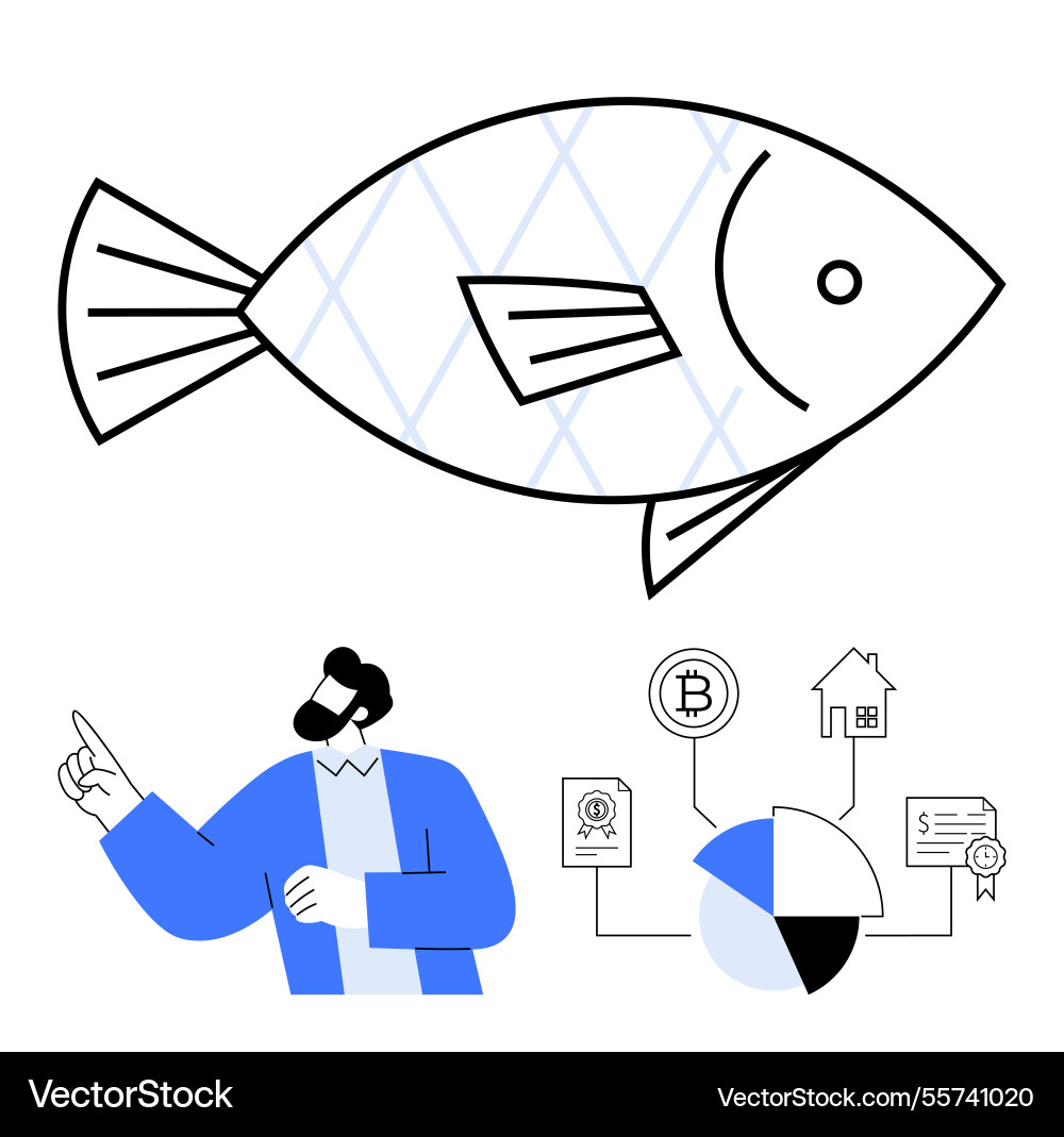 Man explaining diverse concepts with fish Man explaining diverse concepts with fish vector image