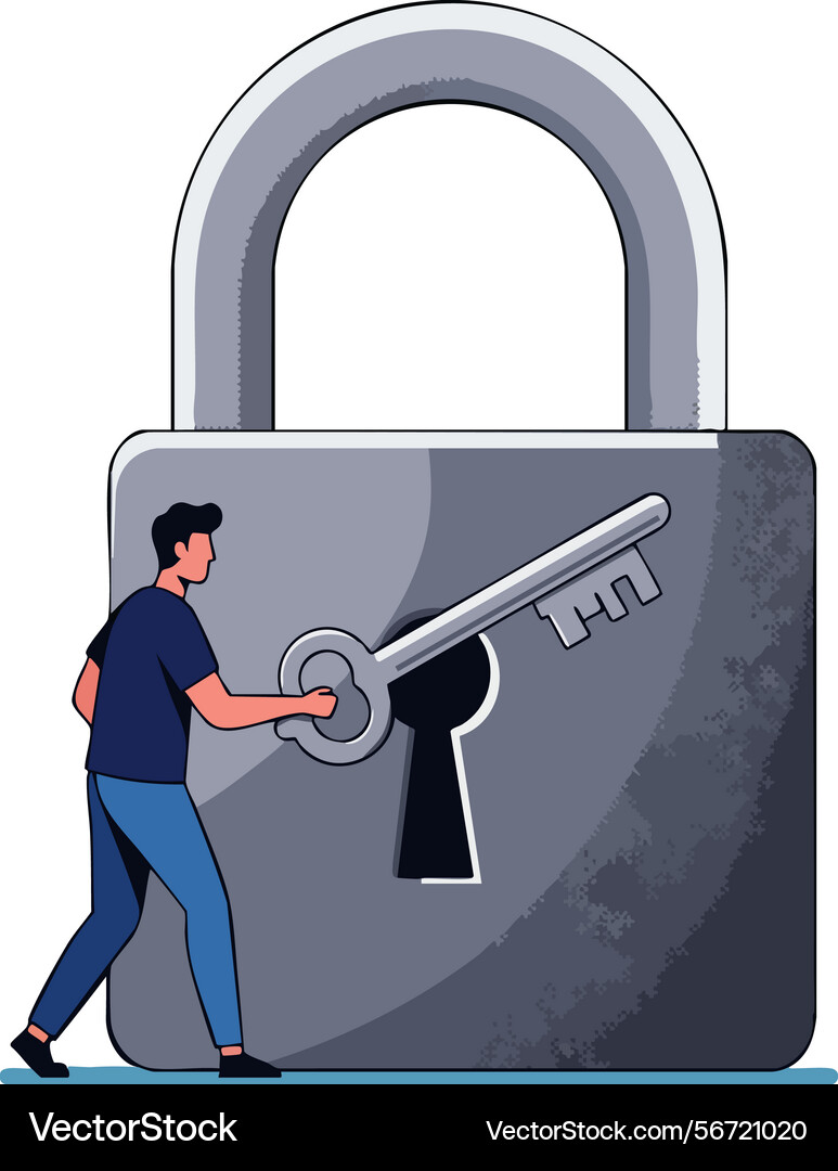 Man unlocking giant padlock with key security Man unlocking giant padlock with key security vector image