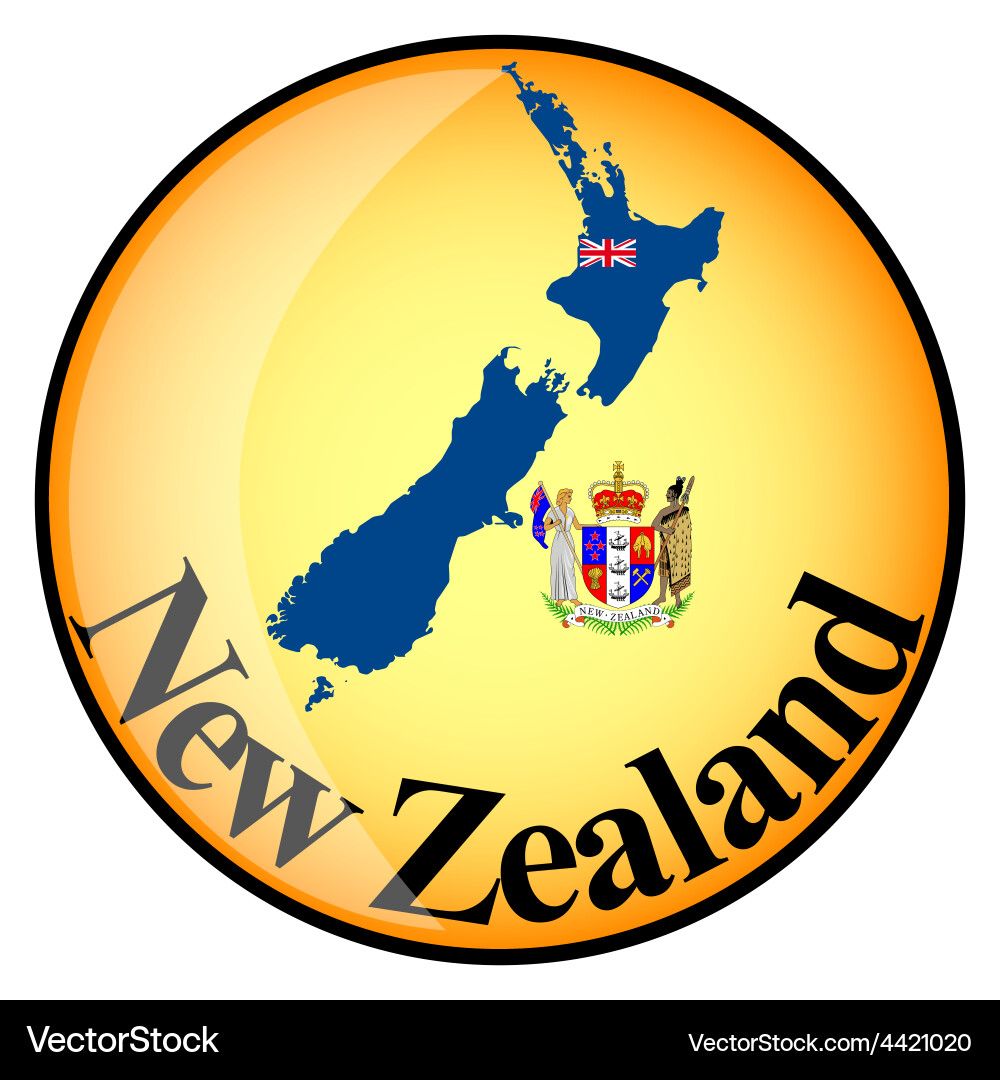 Orange button with the image maps of new zealand Vector Image