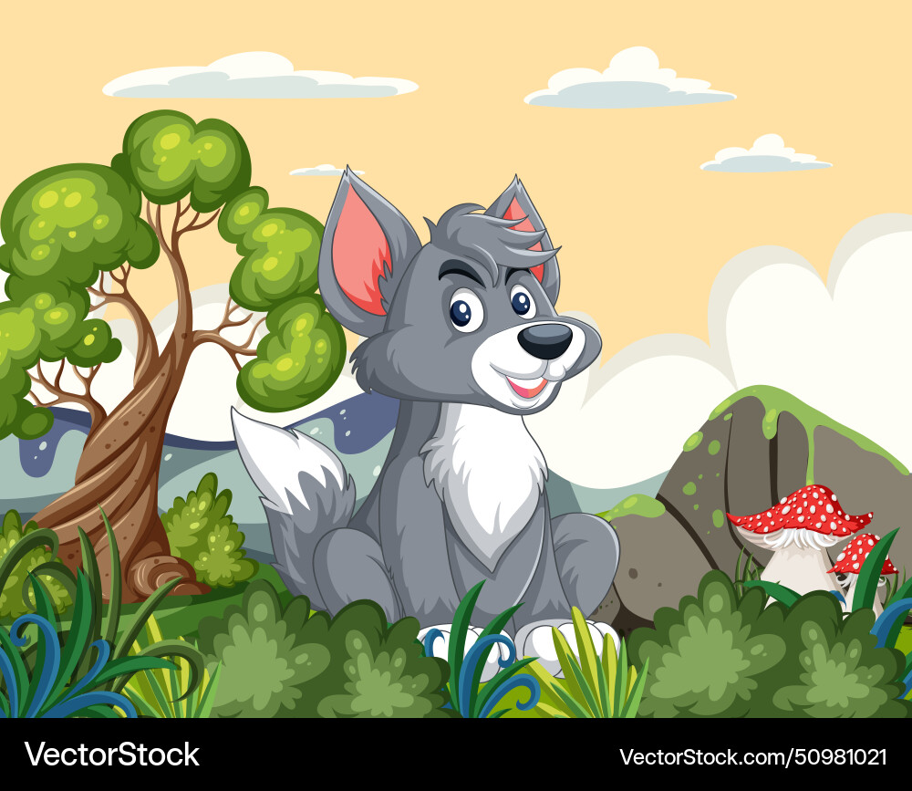 A happy cartoon dog sitting among forest elements vector image