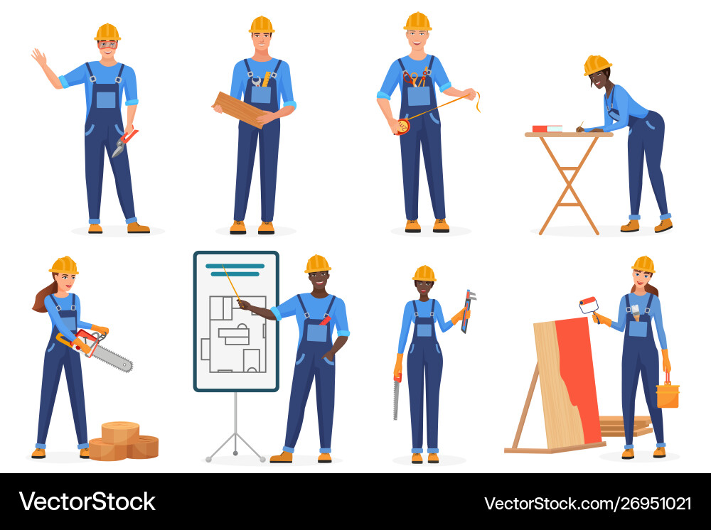 Builders in uniform flat characters set Builders in uniform flat characters set Vector Image