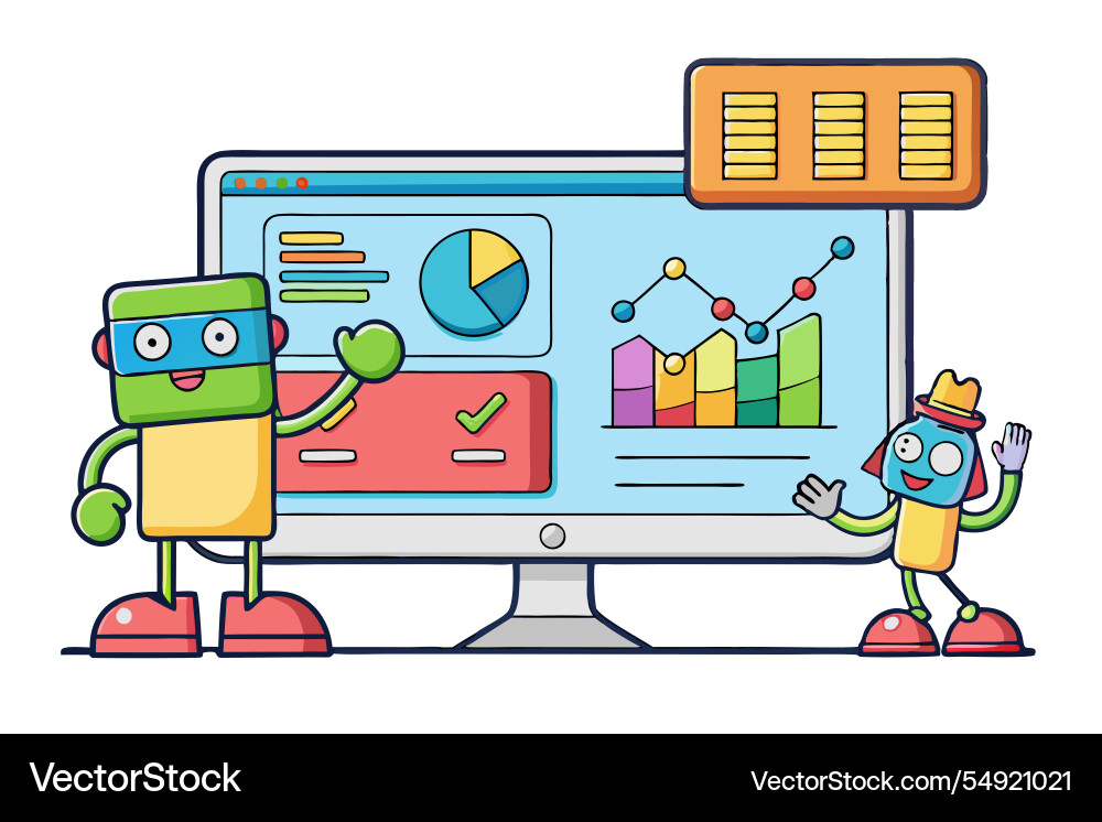 Cartoon style characters explaining colorful vector image