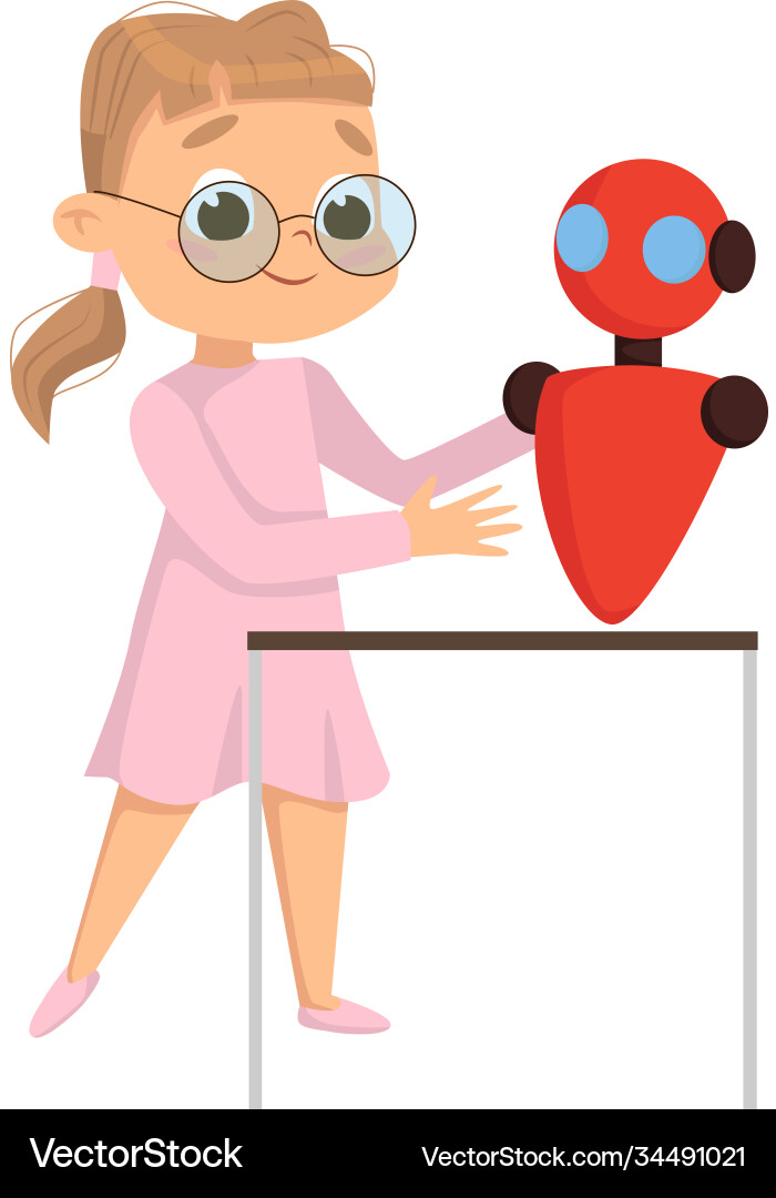 Cute girl creating and programming smart robot Cute girl creating and programming smart robot vector image