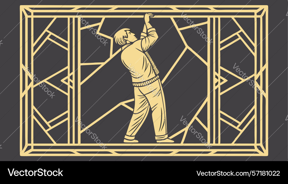 Man pulling curtain in a geometric frame dynamic Vector Image