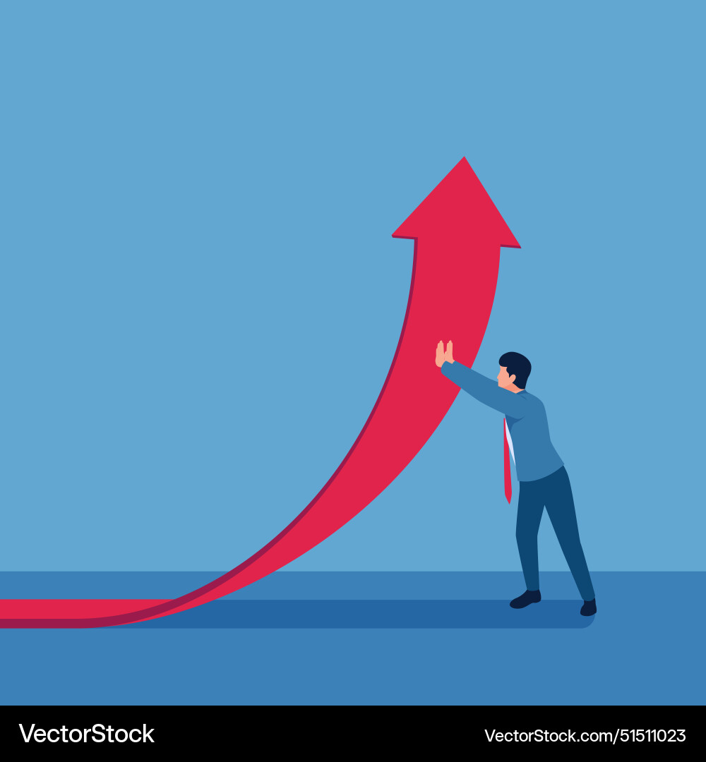 Man holding arrow to move upwards for increasing Man holding arrow to move upwards for increasing Vector Image