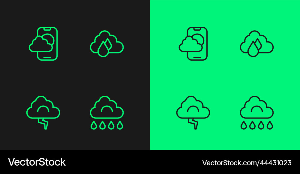 Set line cloud with rain and lightning weather Set line cloud with rain and lightning weather vector image