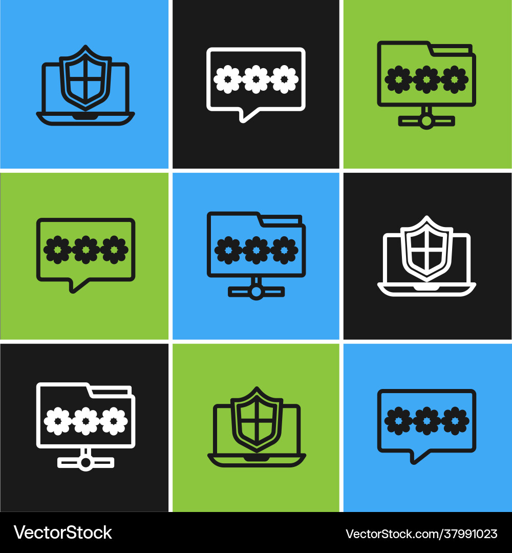 Set line laptop protected with shield folder Set line laptop protected with shield folder vector image