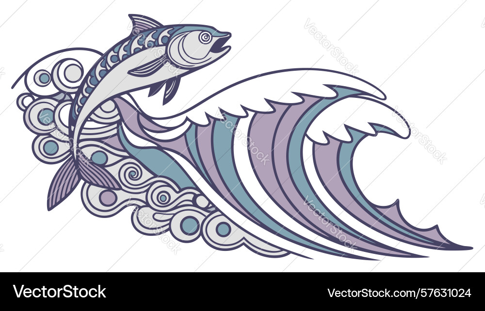 Dynamic fish jumping from ocean wave design Vector Image