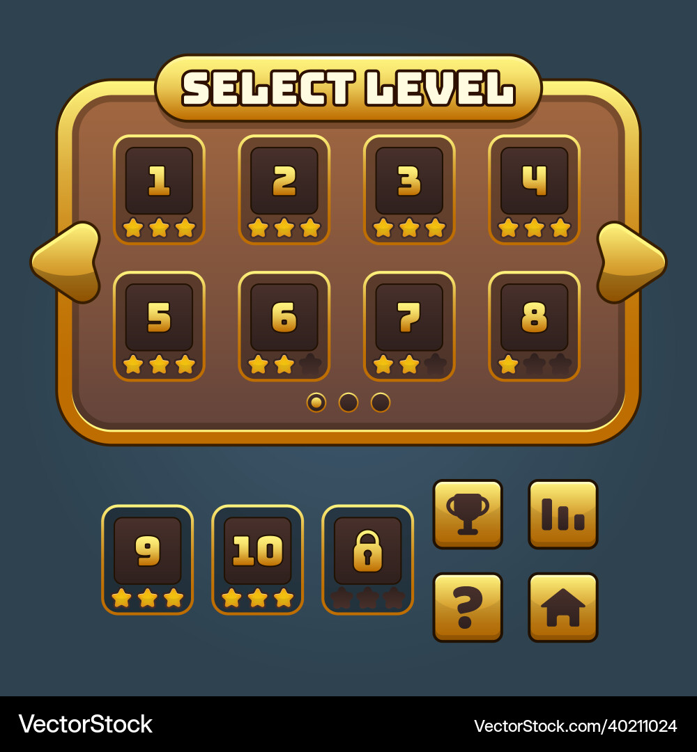 Gold game level select and buttons set Gold game level select and buttons set vector image
