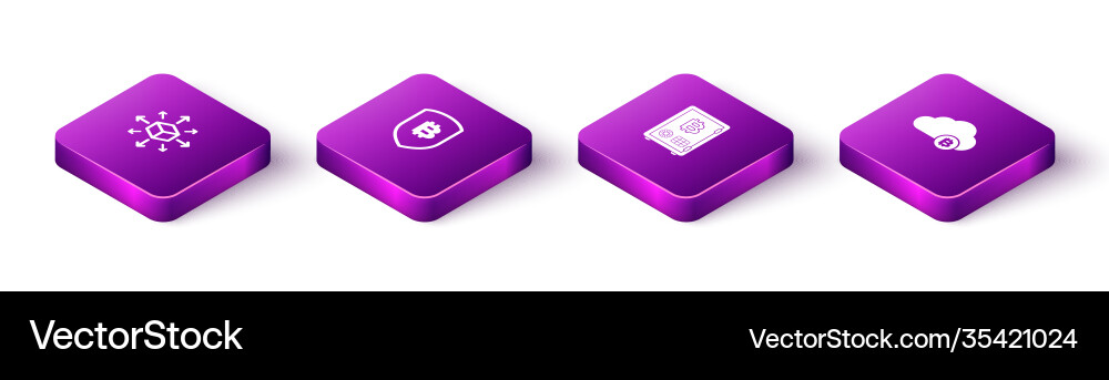 Set isometric distribution shield with bitcoin Set isometric distribution shield with bitcoin vector image