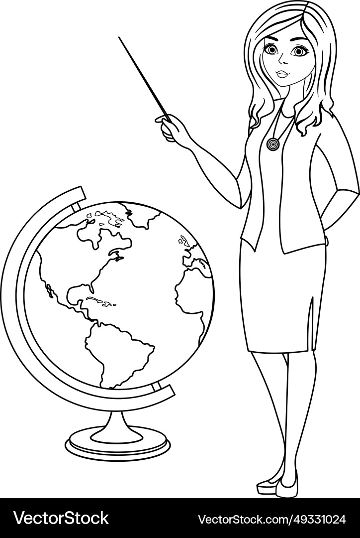 Teacher with pointer and globe for coloring page Vector Image