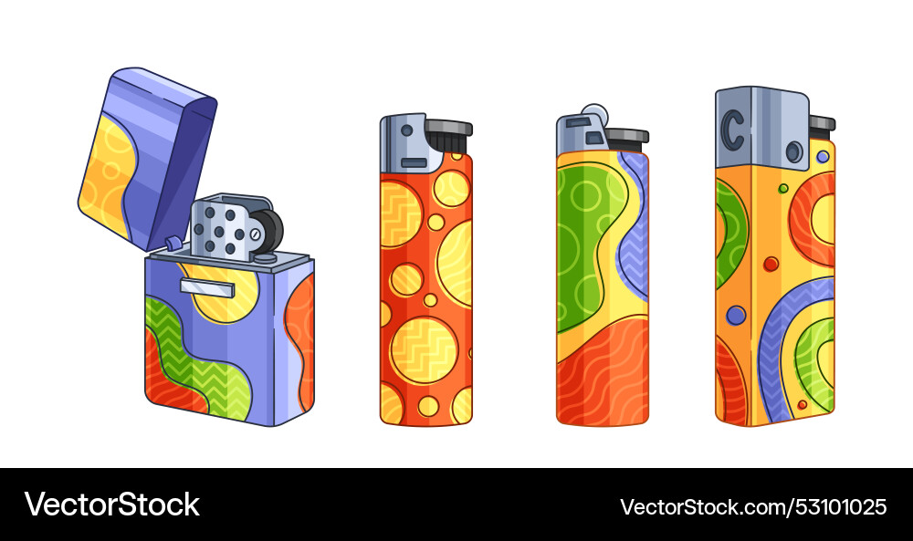 Set of colorful lighters displaying unique Set of colorful lighters displaying unique Vector Image